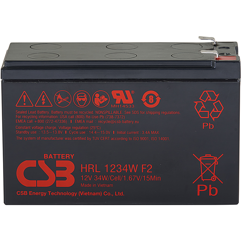 Батарея CSB серия HRL, HRL1234W F2 FR, напряжение 12В, емкость 8.5Ач (разряд 20 часов), 34 Вт/Эл при 15-мин. разряде до U кон. - 1.67 В/Эл при 25 °С, макс. ток разряда (5 сек.) 130А, ток короткого замыкания 367А, макс. ток заряда 3.4A, свинцово-кислотная