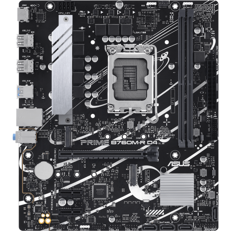 Материнская плата ASUS PRIME B760M-R D4, LGA1700, B760, 2*DDR4, 4*SATA, 2*M.2, 4*USB 3.2, 4*USB 2.0, 1*PCIx16, 2*PCIx1, HDMI, mATX (90MB1HA0-M0EAY0)