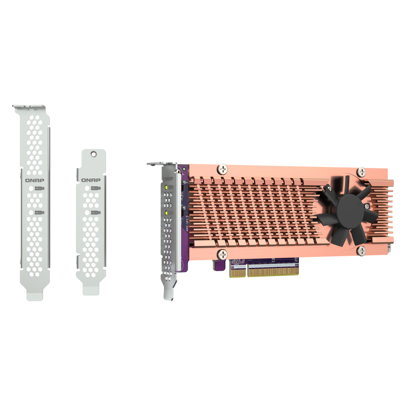QNAP QM2-2P-384A 2 x M.2 22110 or 2280 PCIe (Gen3 x 4) NVMe SSD slots. Low-profile flat and Full-height brackets included.