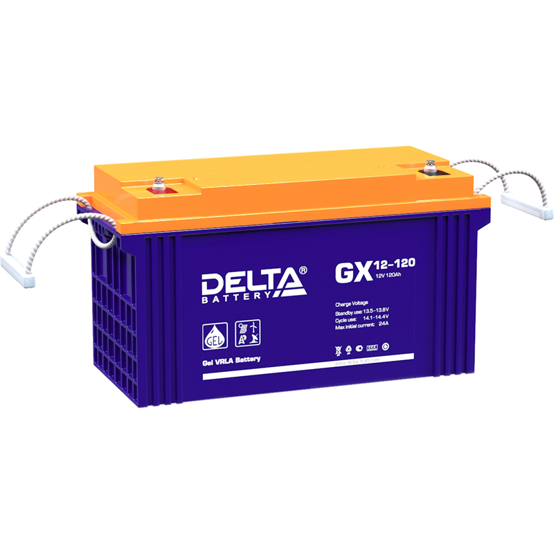 Батарея DELTA серия GX, GX 12-120, напряжение 12В, емкость 120Ач (разряд 10 часов), макс. ток разряда (5 сек.) 950А, макс. ток заряда 24А, свинцово-кислотная типа GEL, клеммы под болт М8, ДxШxВ 410х176х224мм., вес 38кг., срок службы 15 лет./ Battery DELT