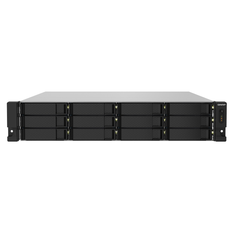 SMB QNAP TS-1232PXU-RP-4G 12-Bay quad-core 64-bit AL324 1.7 GHz rackmount NAS with 250W redundant PSU, 4GB DDR4 UDIMM RAM (max 1x16GB), SATA 6Gb/ s, 2x 10GbE SFP+ LAN, 2x2.5 GbE LAN, 1x PCIe Gen2 x2 slot. W/ o RAIL-B02