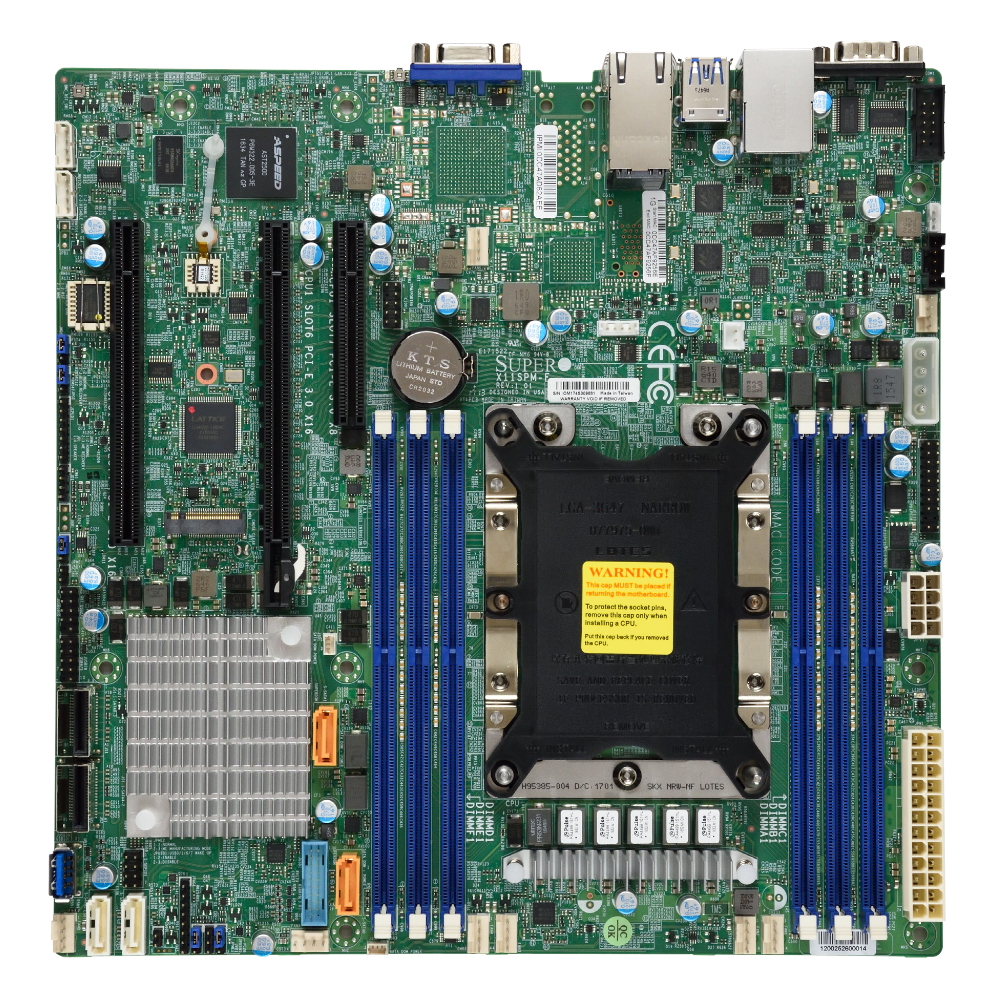 SuperMicro MBD-X11SPM-F-B microATX, LGA3647 (Socket P), 6x DDR4 DIMM, 1600-2666 MHz, Aspeed AST2500, Intel® C621 controller for 12 SATA3 (6 Gbps) ports; RAID 0,1,5,10