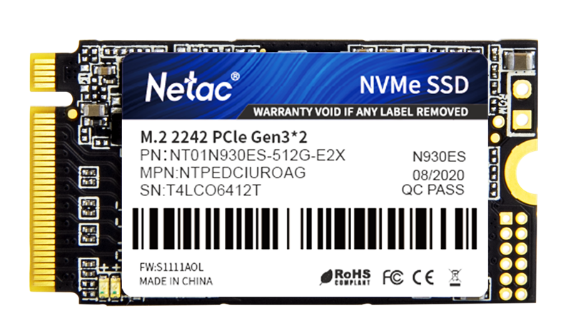 Netac SSD N930ES 512GB PCIe 3 x2 M.2 2242 NVMe 3D NAND, R/ W up to 1650/ 1500MB/ s, TBW 300TB, 3y wty (NT01N930ES-512G-E2X)