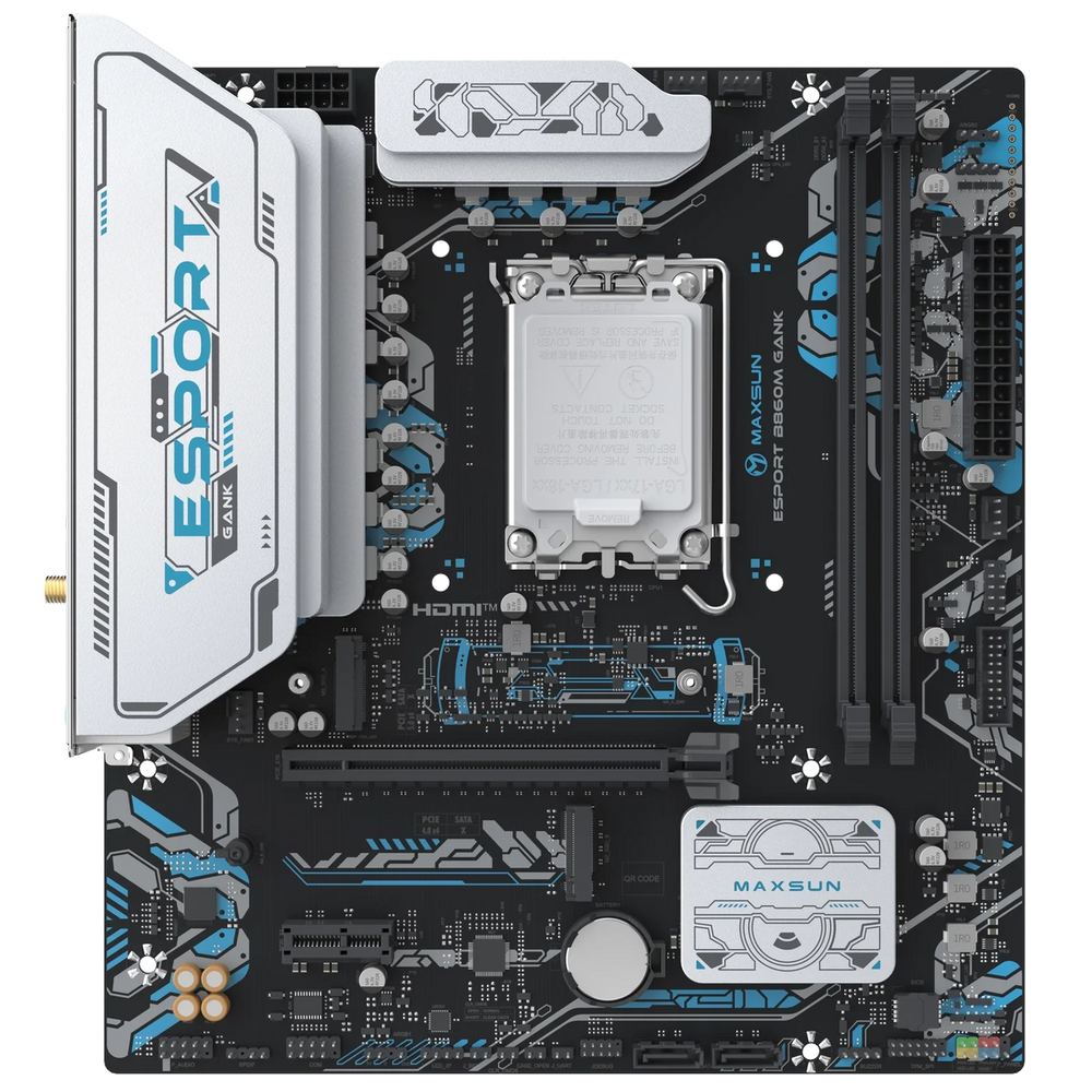 Материнская плата Maxsun MS-eSport B860M GANK WIFI B860, LGA1851, 2*DDR5, 1*PCIEx16, 1*PCIEx1, 2*M.2, 6*USB3.2Gen1, 4*USB2.0, 2*SATA3.0, 1G, DP, HDMI, M-ATX, RTL (6940709661413)