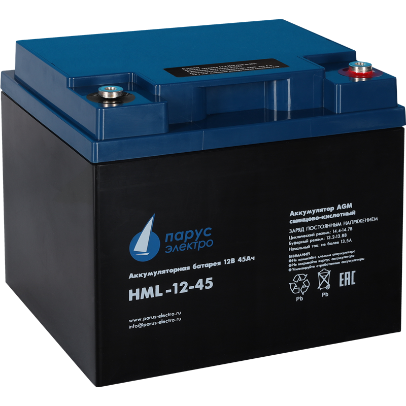 Battery Parus Electro, professional series HML-12-45, voltage 12V, capacity 45Ah (discharge 10 hours), max. discharge current (5sec) 450A, max. charge current 13.5A, lead-acid AGM type, M6 bolt terminals, LxWxH 197x165x170mm., total height with terminals