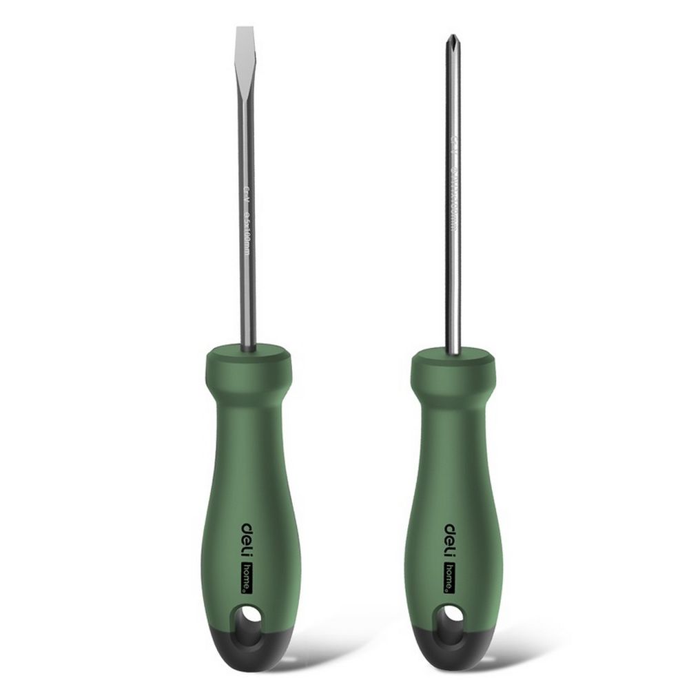 Набор отверток "Home Series Green" Deli HT1002L 2шт SL5x100+PH1x100, эксклюзивный дизайн, рукоятка из высококачественного софттач пластика