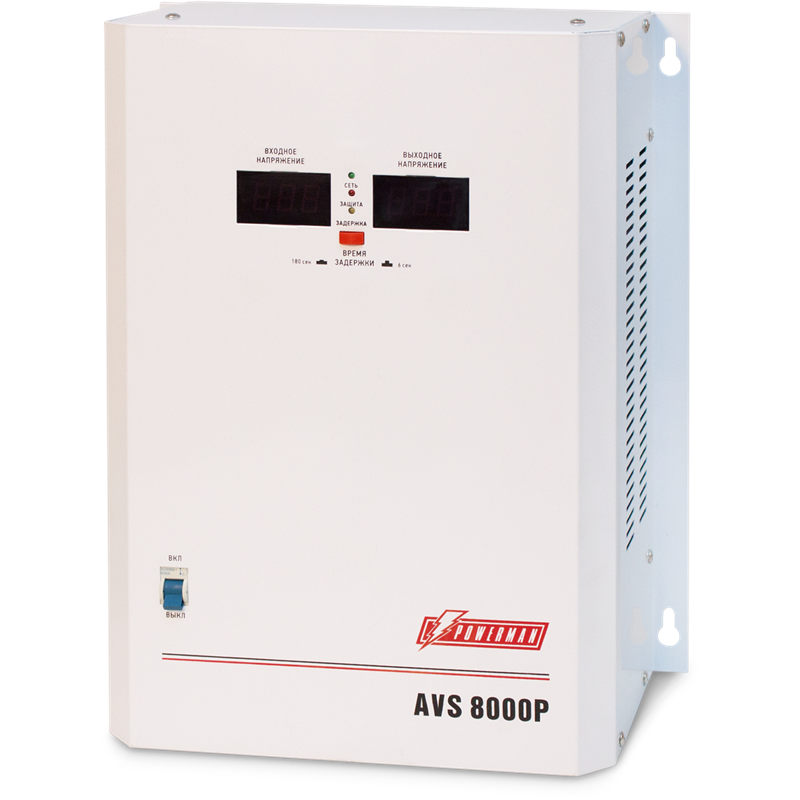 Stabilizer POWERMAN AVS 8000P, step-type regulator, digital indicators of voltage levels, 8000VA, 110-260V, maximum input current 50A, terminal block, IP-20, hinged, 380mm x 310mm x 160mm, 14kg. (POWERMAN AVS-8000P)