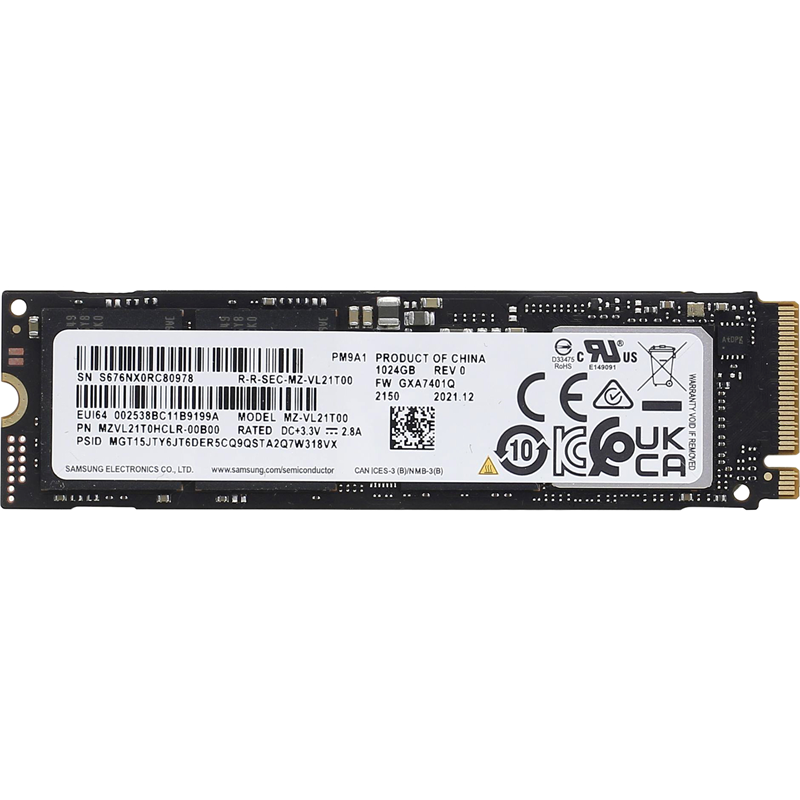 Твердотельный накопитель/ Samsung SSD PM9A1, 1TB, M.2(22x80mm), NVMe, PCIe 4.0 x4, R/ W 7000/ 5100MB/ s, IOPs 1 000 000/ 850 000 (12 мес.) (MZVL21T0HCLR-00B00)