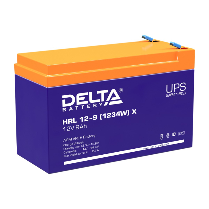 Батарея DELTA серия HRL-X, HRL 12-9 X, напряжение 12В, емкость 9Ач (разряд 10 часов), макс. ток разряда (5 сек.) 135А, макс. ток заряда 2.7А, свинцово-кислотная типа AGM, клеммы F2, ДxШxВ 151х65х94мм., вес 2.55кг., срок службы 12 лет./ Battery DELTA seri