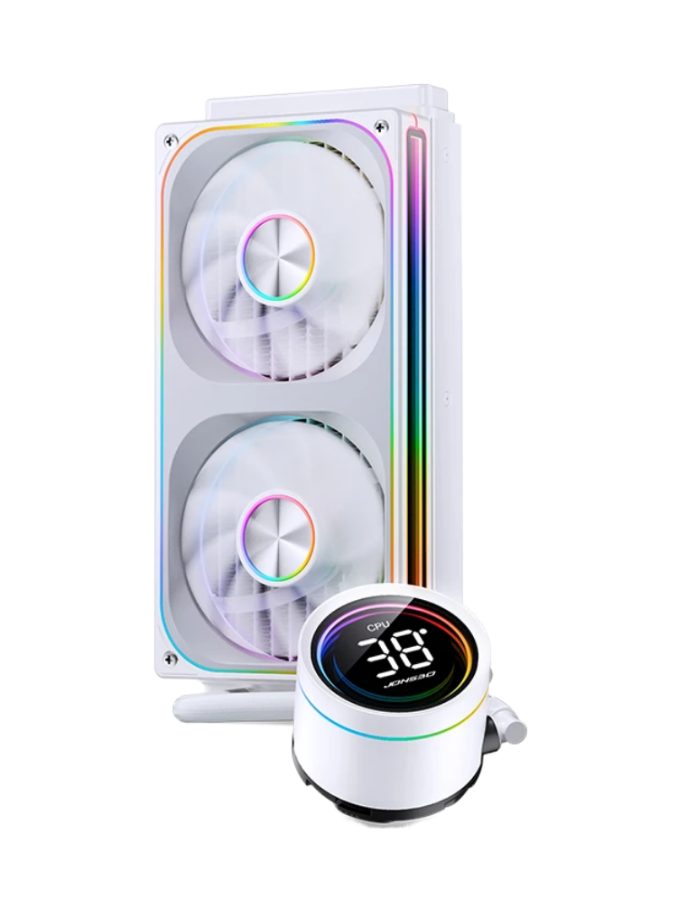 Система жидкостного охлаждения/ Water Cooling System JONSBO TH-240 White (260W, 240mm, LED temp., White, ARGB/ Fans: 2x120mm, 62.4CFM, 37.3dBA, 2400RPM/ Pump height 72mm, 30dBA, 2400RPM, Rad thickness 27mm/ S: 1851, 1700, 1200, 115X, AM5, AM4)