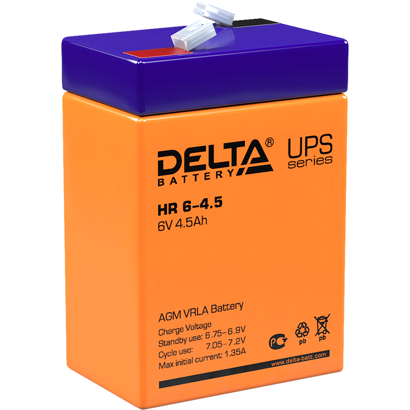 Батарея DELTA серия HR, HR 6-4.5, напряжение 6В, емкость 4.5Ач (разряд 20 часов), макс. ток разряда (5 сек.) 67.5А, макс. ток заряда 1.35А, свинцово-кислотная типа AGM, клеммы F1, ДxШxВ 70х47х101мм., вес 0.85кг., срок службы 8 лет./ Battery DELTA series