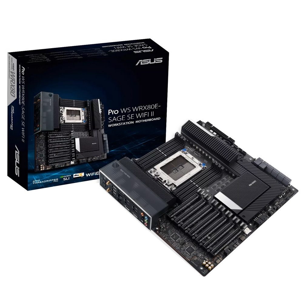 Материнская плата ASUS PRO WS WRX80E-SAGE SE WIFI II AMD WRX80 Ryzen Threadripper PRO extended-ATX workstation motherboard with Intel dual 10G LAN, USB 3.2 Gen 2x2 Type-C port, 7 x PCIe 4.0 x16 slots, 3 x M.2 PCIe 4.0, (90MB1E60-M0EAY0)