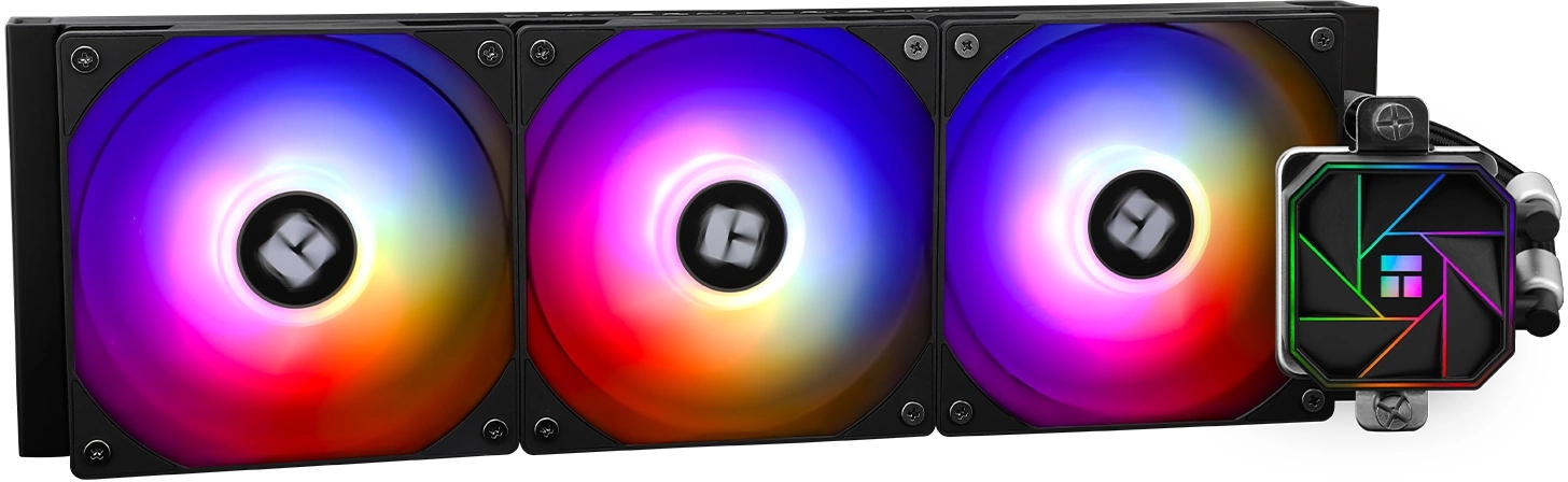 Система жидкостного охлаждения/ Thermalright Aqua Elite 360 V3 (360mm, Black, ARGB/ Fans: 3x120mm, 66.17CFM, 25.6dBA, 1500RPM/ Pump height 53mm, 23dBA, 3300RPM, Rad thickness 27mm/ S: 1700, 1200, 20X (A-ELITE-BL-360-ARGB-V3)