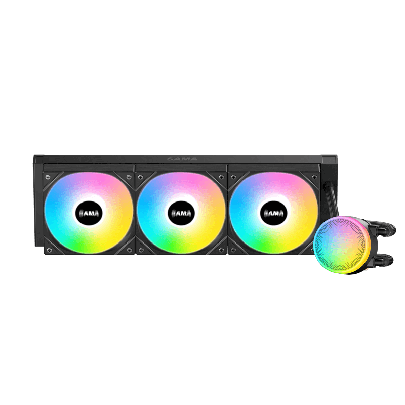 Водяное охлаждение для процессора/ Water Cooling System SAMA L60 Black (360mm, Black, ARGB/ Fans: 3x120mm, 82.79CFM, 29dBA, 2000RPM/ Pump height 52mm, 29dBA, 2500RPM, Rad thickness 27mm/ S: 1851, 1700, 120 (L60-BKWAYXO3-G)