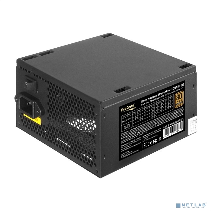 Exegate EX292209RUS Серверный БП 1100W ExeGate ServerPRO 80 PLUS® Bronze 1100PPH-SE (ATX, for 3U+ cases, APFC, КПД 89% (80 PLUS Bronze), 12cm fan, 24pin, 2x(4+4)p, 6xPCI-E, 8xSATA, 4xIDE, box, black)