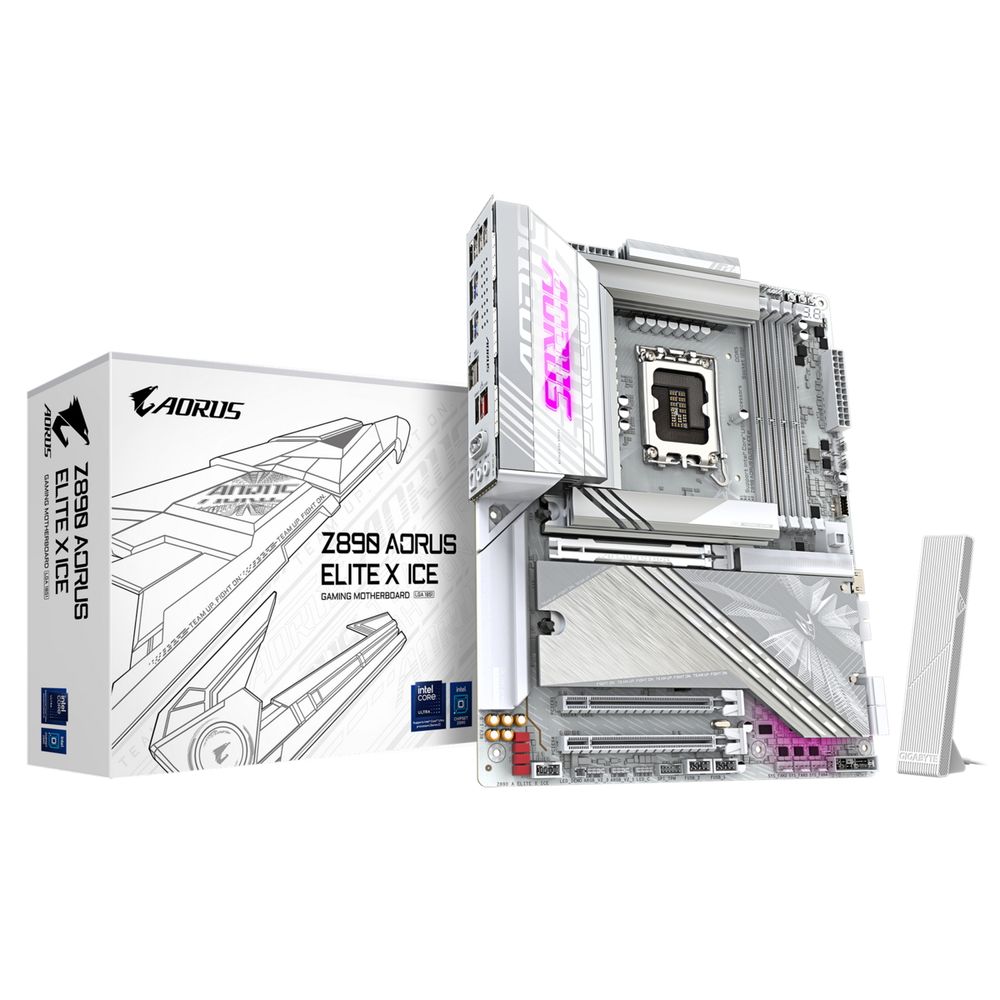 Материнская плата/ Z890 AORUS ELITE X ICE, Socket 1851, Intel®Z890, 4xDDR5-6400, 3xPCI-Ex16, 4xSATA3(RAID 0/1/5/10), 5xM.2, 8Ch Audio, 1x2.5GbLan, WiFi, (4+4)xUSB2.0, (6+2)xUSB3.2, (1+1)xUSB Type-C™, ATX, RTL