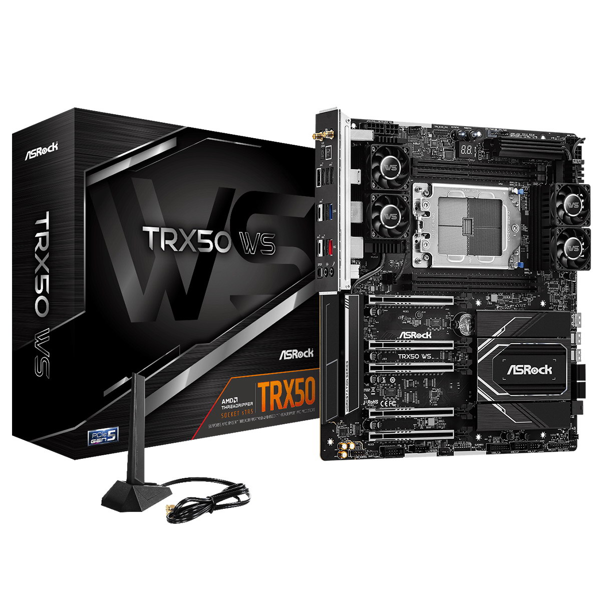 TRX50 WS, Socket sTR5, AMD TRX50, 4xDDR5-4800, DP, 5xPCI-Ex16, 4xSATA3(RAID 0/ 1/ 10), 3xM.2, 8 Ch Audio, 10Gb Lan, 2.5Gb Lan, Wi-Fi, (0+4)xUSB2.0, (6+2)xUSB3.2, (2+1)xUSB3.2 Type-C™, ATX, RTL