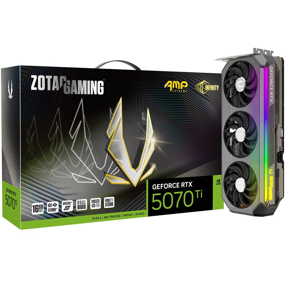 Видеокарта Zotac RTX5070Ti AMP EXTREME INFINITY 16GB GDDR7 256it 3xDP HDMI 3FAN PREMIUM PACK (ZT-B50710B-10P)
