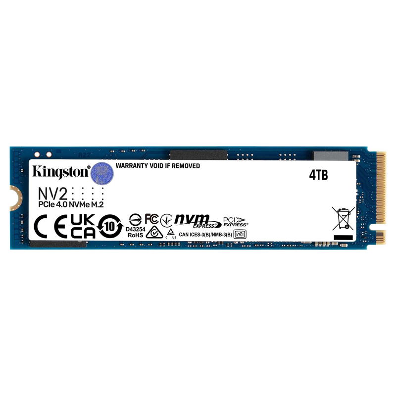 Твердотельный накопитель/ Kingston SSD NV2, 4000GB, M.2(22x80mm), NVMe, PCIe 4.0 x4, 3D TLC, R/W 3500/2800MB/s, TBW 1280, DWPD 0.3 (3 года) (SNV2S/4000G)