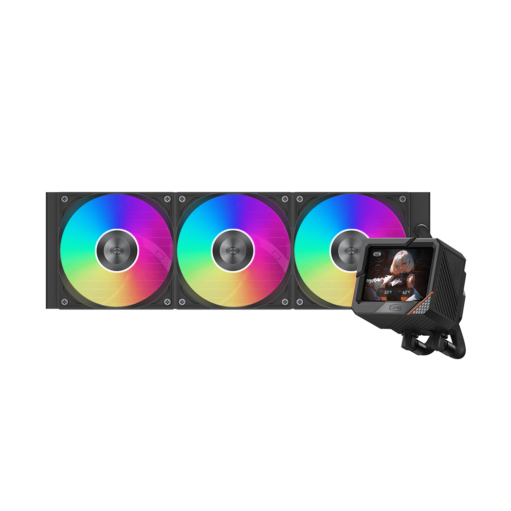 Система охлаждения/ Water Cooling System PCCooler GT360 ARGB Display BK (310W, 360mm, LED temp., Black, ARGB/ Fans: 3x120mm, 99CFM, 41.5dBA, 3000RPM/ Pump height 85mm, 15dBA, 2600RPM, Rad thickness 27mm/ S: 1851, 1700, 1200, 115X, AM5, AM4)