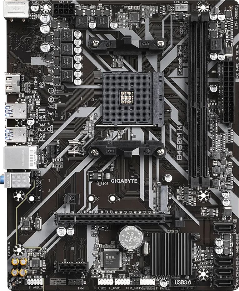 GIGABYTE B450M K, AM4, B450, 2*DDR4, HDMI, 4 SATA 6 Гб/ с, M2, Audio, Gb LAN, USB 3.2, USB 2.0, mATX