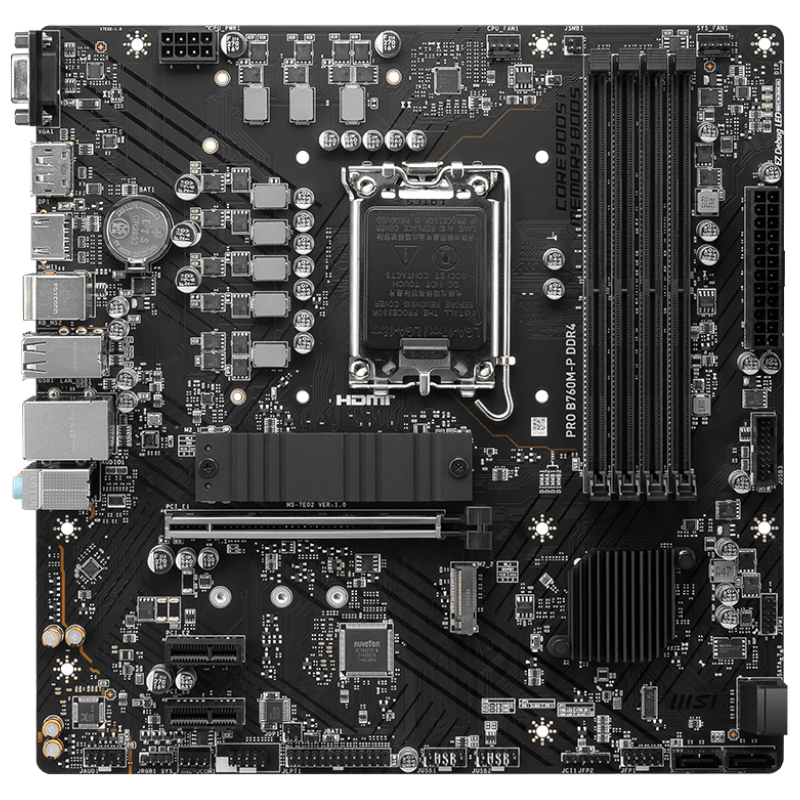 Материнская плата/ MB MSI INTEL B760 s1700, 4xDDR5(256GB), D-SUB/HDMI 2.1/DP, 1xPCIe 4.0x16, 2xPCIe 4.0, 1xLAN, 4xSATA 6Gb/s, 2xM.2, 1xUSB-C, 1xUSB 3.2, 4xUSB 2.0, 2xPS/2, mATX (PRO B760M-P)