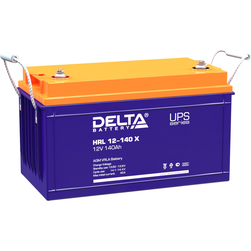 Батарея DELTA серия HRL-X, HRL 12-140 X, напряжение 12В, емкость 140Ач (разряд 10 часов), макс. ток разряда (5 сек.) 950А, макс. ток заряда 42А, свинцово-кислотная типа AGM, клеммы под болт М8, ДxШxВ 341х173х283мм., вес 40кг., срок службы 12 лет.