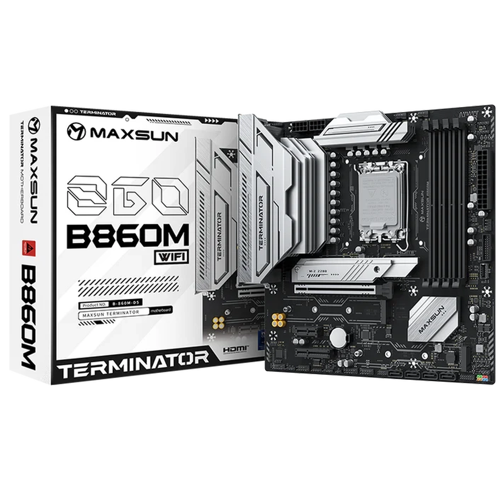 Материнская плата Maxsun MS-Terminator B860M WIFI B860, LGA1851, 4*DDR5, 1*PCIEx16, 1*PCIEx4, 1*PCIEx1, 3*M.2, 1*TypeC, 2*USB3.2Gen2, 2*USB3.2Gen1, 10*USB2.0, 4*SATA3.0, 2.5G, Type-C(DP), DP, HDMI, M-ATX, RTL (6940709661666)
