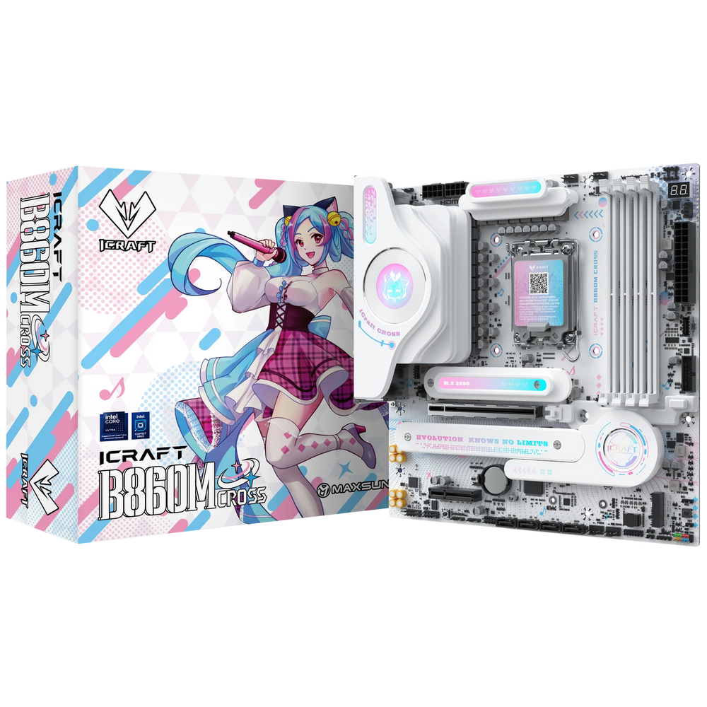 Материнская плата Maxsun MS-iCraft B860M CROSS B860, LGA1851, 4*DDR5, 1*PCIEx16, 1*PCIEx4, 3*M.2, 1*TypeC, 8*USB3.2Gen2, 2*USB3.2Gen1, 3*USB2.0, 4*SATA3.0, 5G, Type-C(DP), DP, HDMI, M-ATX, RTL (6940709661192)