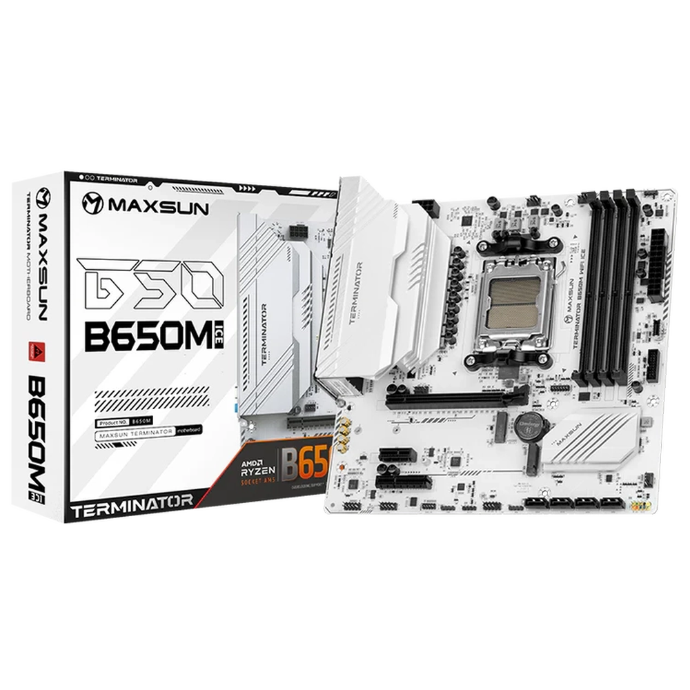Материнская плата Maxsun MS-Terminator B650M WIFI ICE B650, AM5, 4*DDR5, 1*PCIEx16, 1*PCIEx4, 1*PCIEx1, 2*M.2, 2*TypeC, 6*USB3.2Gen1, 6*USB2.0, 4*SATA3.0, 2.5G, DP, HDMI, M-ATX, RTL (6940709661109)