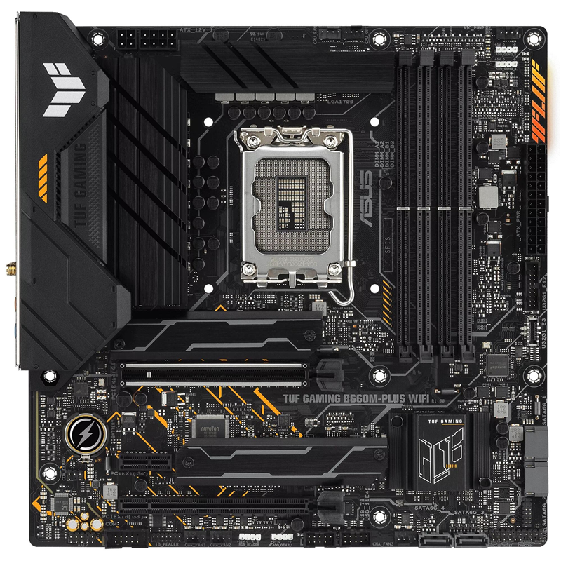 Материнская плата ASUS TUF GAMING B660M-PLUS WIFI, B660 (LGA 1700) mATX, PCIe 5.0, DDR5 6000(OC), Dual PCIe 4.0 M.2 Slots with Heatsinks, Intel® Wi-Fi 6, 2.5Gb, Rear USB 3.2 Gen 2x2 Type-C®, Front USB 3.2 Gen 1 Type-C (90MB1AZ0-M1EAY0)