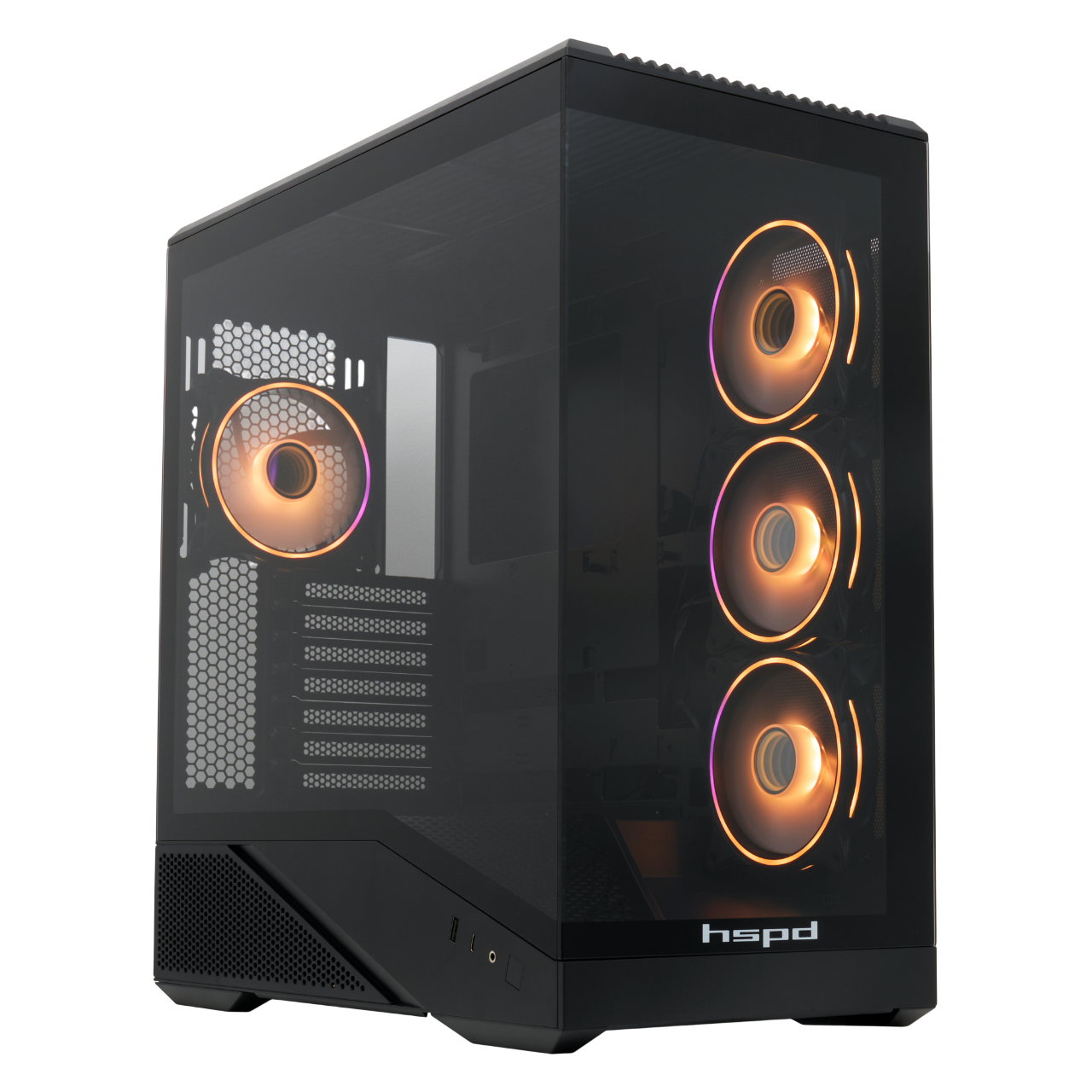 Корпус без блока питания/ Case HSPD F711, Panoramic Full Tower, Black, TG, 0.7 SPCC, 4x120mm ARGB ATX, mATX, mITX 190/420/280mm 2x2.5", 2x3.5", 7xPCI 1xUSB-A 3.0, 1xUSB-C 445x235x475mm (F711-TGBK- ARGB)