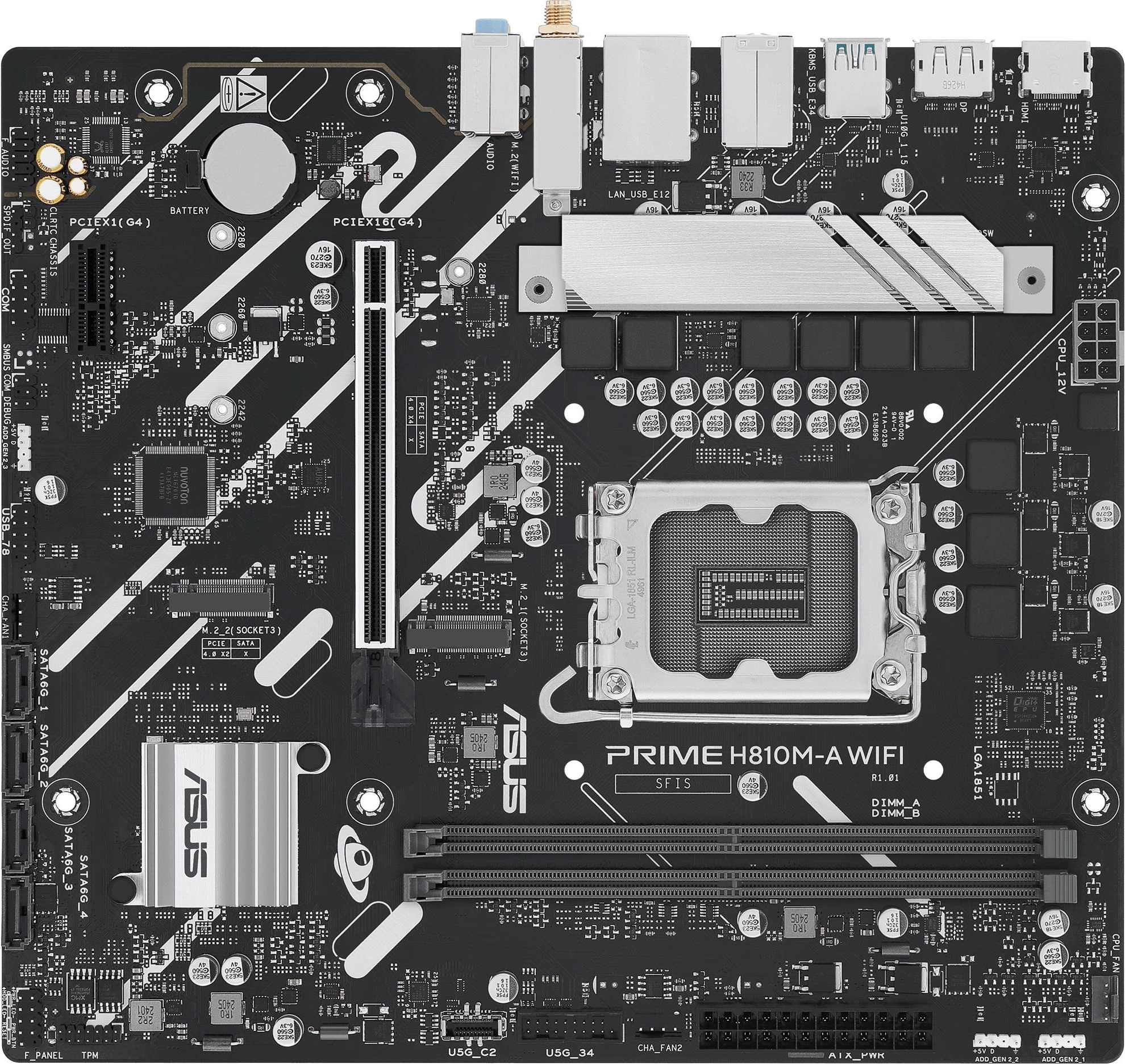 Материнская плата ASUS PRIME H810M-A WIFI, LGA1851, B810, 2*DDR5, 4*SATA, 2*M.2, 2*USB 3.2, 4*USB 2.0, 1*PCIx16, 1*PCIx1, HDMI+DP, mATX; 90MB1KJ0-M0EAY0