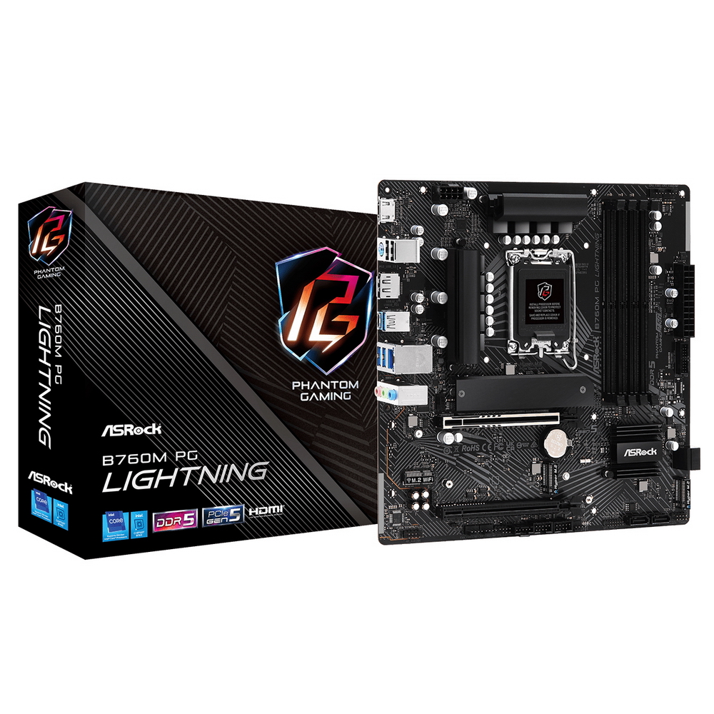 B760M PG LIGHTNING, Socket 1700, Intel®B760, 4xDDR5-4800, HDMI+DP, 2xPCI-Ex16, 1xPCI-Ex1, 4xSATA3(RAID 0/ 1/ 5/ 10), 2xM.2, 8 Ch Audio, GLan, (2+4)xUSB2.0, (3+2)xUSB3.2, (1+0)xUSB3.2 Type-C™, 1xPS/ 2, mATX, RTL {}