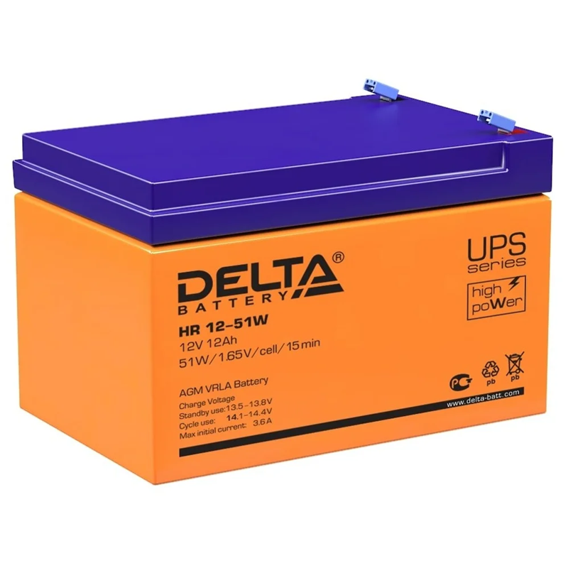 Батарея DELTA серия HR-W, HR 12-51 W, напряжение 12В, емкость 12Ач (разряд 20 часов), макс. ток разряда (5 сек.) 180А, макс. ток заряда 3.6А, свинцово-кислотная типа AGM, клеммы F2, ДxШxВ 151х98х95мм., вес 3.8кг., срок службы 8 лет./ Battery DELTA series