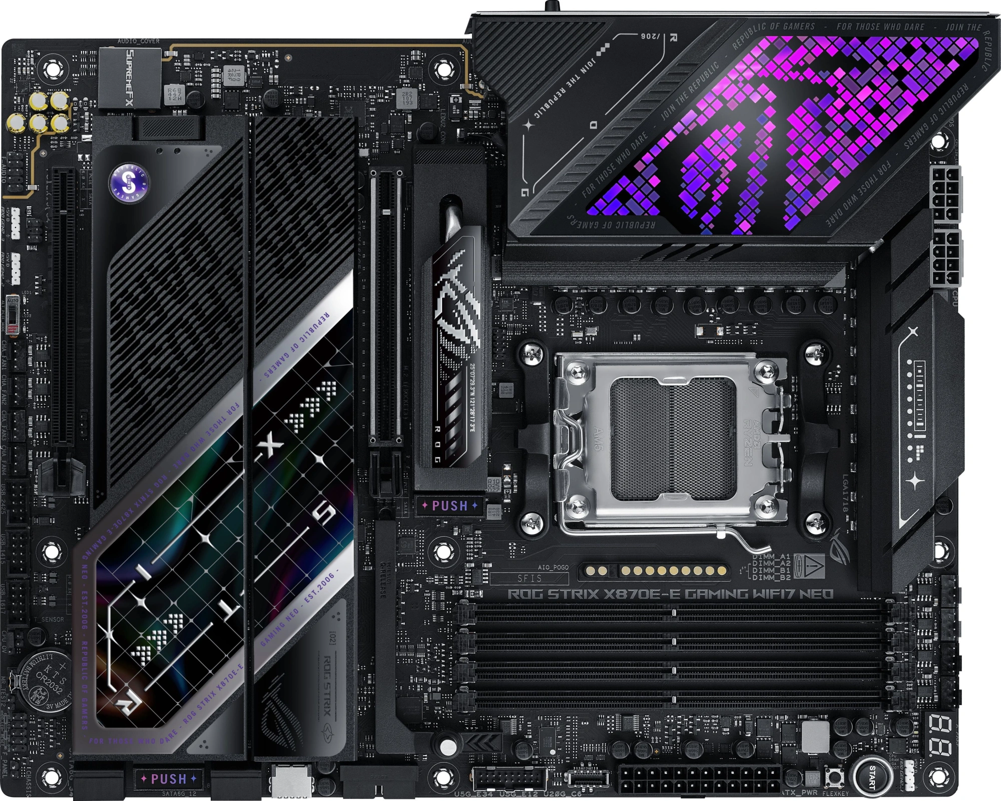 Материнская плата ASUS ROG STRIX X870E-E GAMING NEO, AM5, X870, 4*DDR5, 4*SATA, 5*M.2, 10*USB 3.2, 2*USB4, Type-C, 2*PCIx16, HDMI, ATX; 90MB1P20-M0EAY0