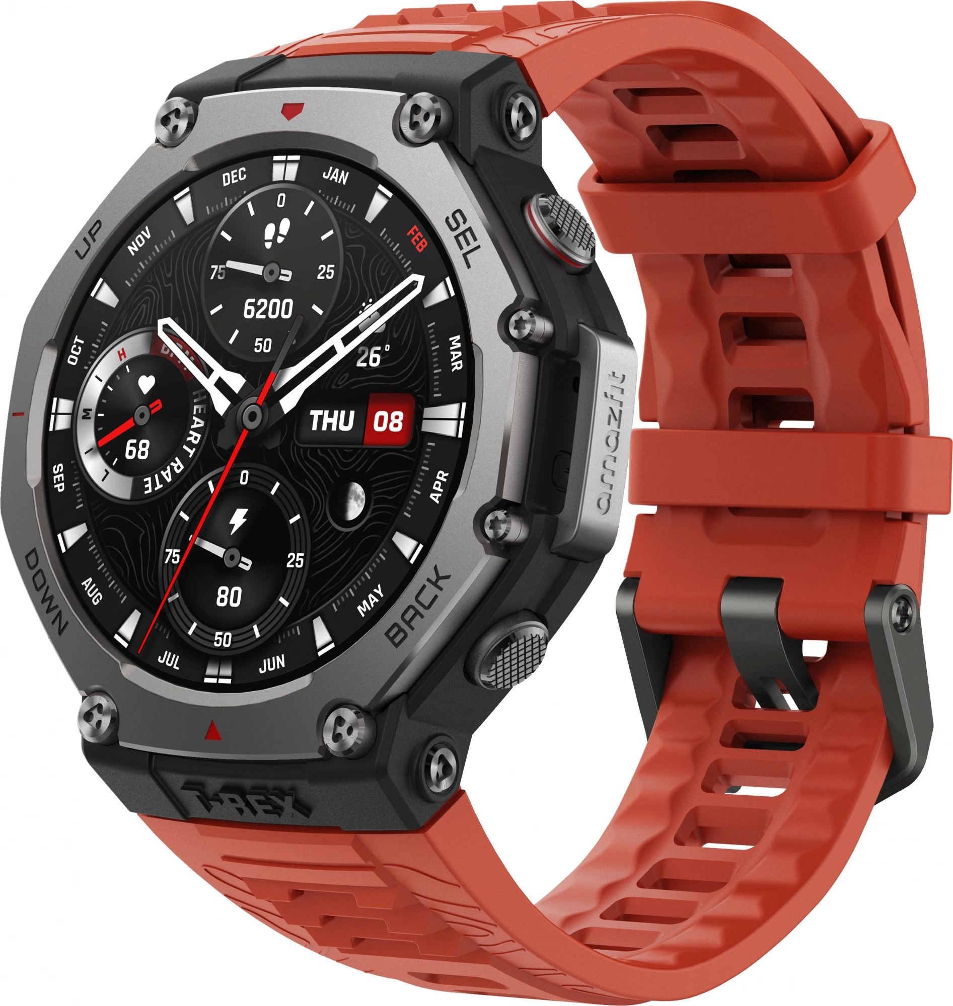 Смарт-часы Amazfit T-Rex 3 A2323 48.5мм 1.5" AMOLED корп.темно-серый рем.красный разм.брасл.:145-210мм (6970100374940)