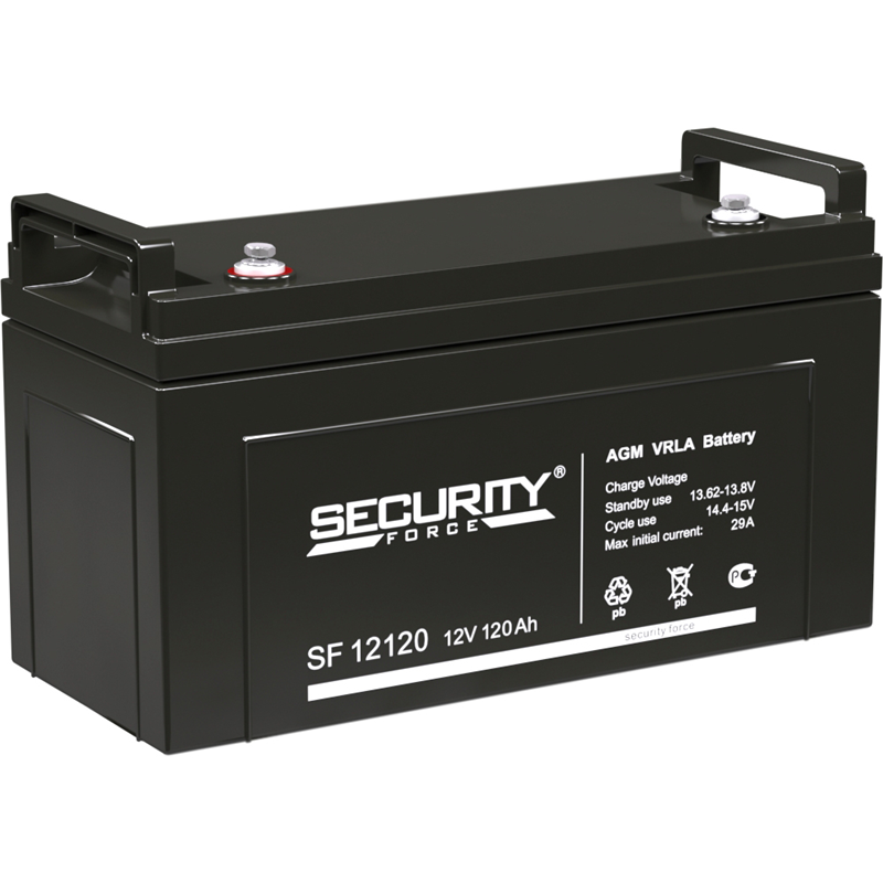 Батарея SECURITY FORCE серия SF, SF 12120, напряжение 12В, емкость 4.5Ач (разряд 20 часов), макс. ток разряда (5 сек.) 70А, макс. ток заряда 29А, свинцово-кислотная типа AGM, клеммы под болт M8, ДxШxВ 410х176х224мм., вес кг., срок службы 8 лет./ Battery