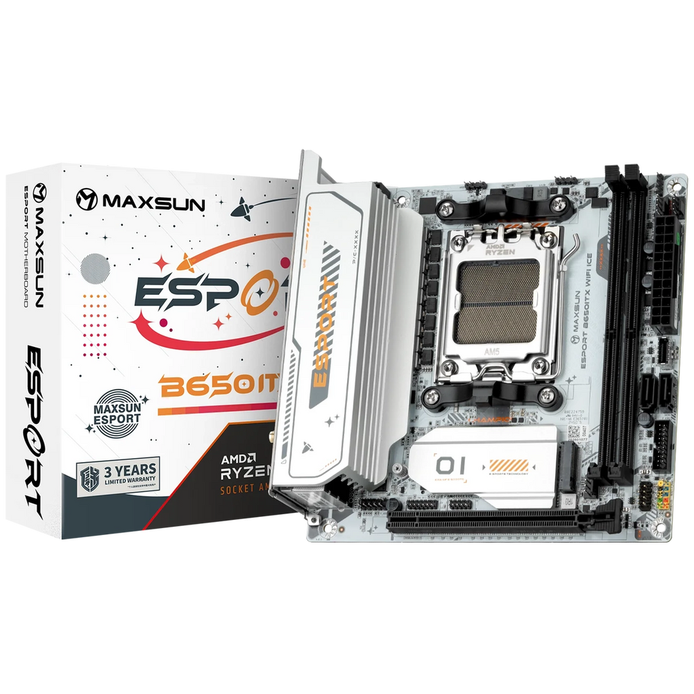 Материнская плата Maxsun MS-eSport B650ITX WIFI ICE B650, AM5, 2*DDR5, 1*PCIEx16, 1*PCIEx1, 2*M.2, 6*USB3.2Gen1, 4*USB2.0, 2*SATA3.0, 2.5G, DP, HDMI, Mini-ATX, RTL (6940709661185)