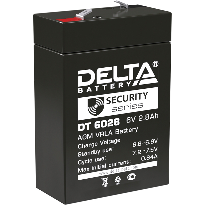 Батарея DELTA серия DT, DT 6028, напряжение 6В, емкость 2.8Ач (разряд 20 часов), макс. ток разряда (5 сек.) 48А, макс. ток заряда 0.84А, свинцово-кислотная типа AGM, клеммы F1, ДxШxВ 66х33х97мм., вес 0.61кг., срок службы 5 лет./ Battery DELTA series DT,