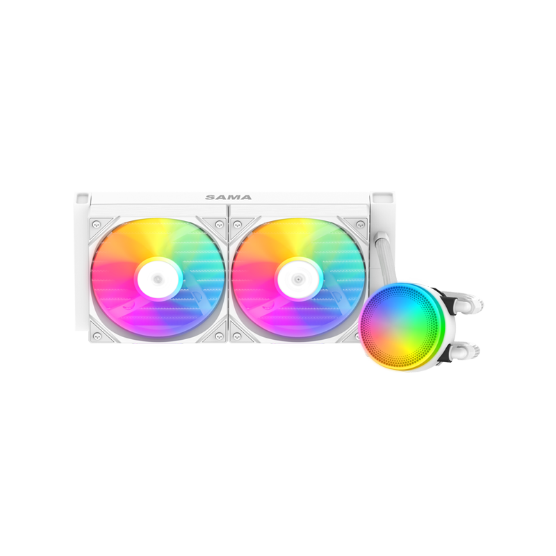 Водяное охлаждение для процессора/ Water Cooling System SAMA L40 White (240mm, White, ARGB/ Fans: 2x120mm, 82.79CFM, 29dBA, 2000RPM/ Pump height 52mm, 29dBA, 2500RPM, Rad thickness 27mm/ S: 1851, 1700, 120 (L40-WHWAYXO2-G)