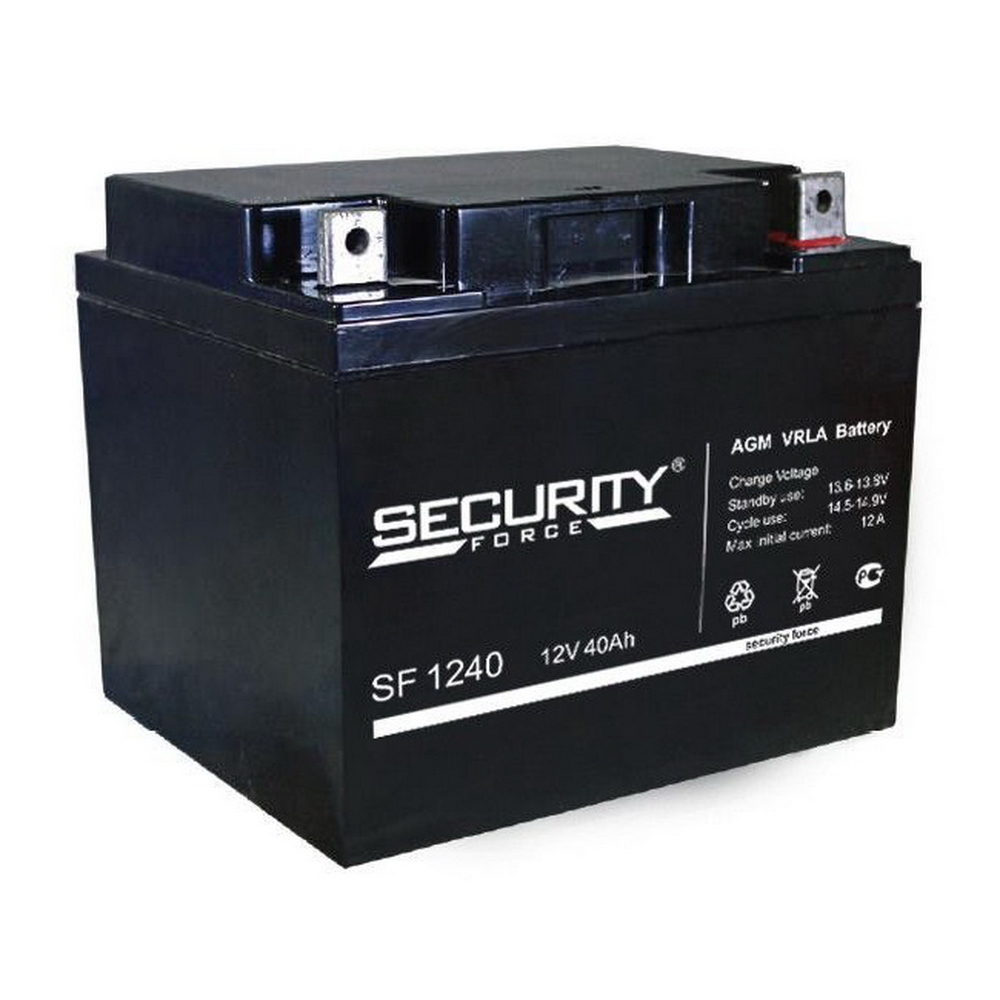 Батарея SECURITY FORCE серия SF, SF 1240, напряжение 12В, емкость 2.8Ач (разряд 20 часов), макс. ток разряда (5 сек.) 48А, макс. ток заряда 12А, свинцово-кислотная типа AGM, клеммы под гайку и болт M6, ДxШxВ 197х165х170мм., вес кг., срок службы 3-5 лет./