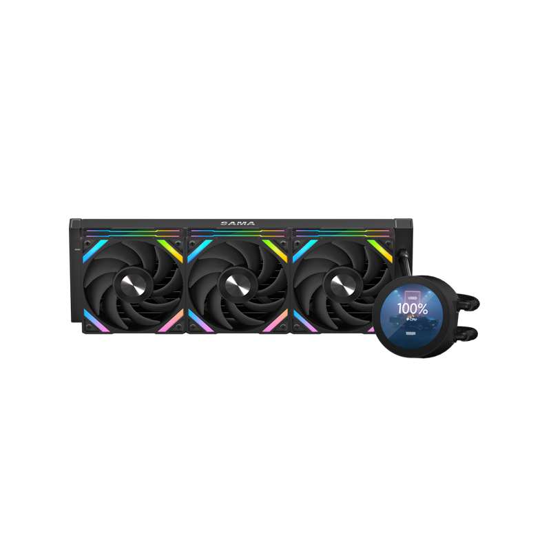 Водяное охлаждение для процессора/ Water Cooling System SAMA Q70 Black (360mm, LED temp., Black, ARGB/ Fans: 3x120mm, 86CFM, 30dBA, 2600RPM/ Pump height 64mm, 30dBA, 2800RPM, Rad thickness 27mm/ S: 1851, 1 (Q70-BKWAYNO3-G)