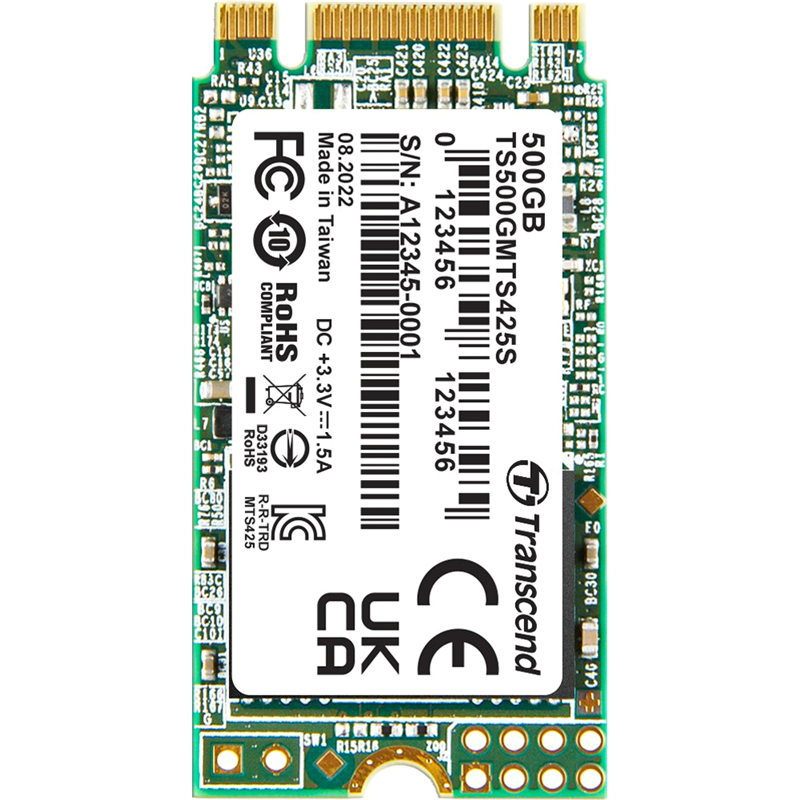 Transcend SSD 425S, 500GB, M.2(22x42mm), SATA3, 3D TLC, R/ W 530/ 480MB/ s, IOPs 50 000/ 75 000, TBW 180, DWPD 0.3 (3 года) (TS500GMTS425S)