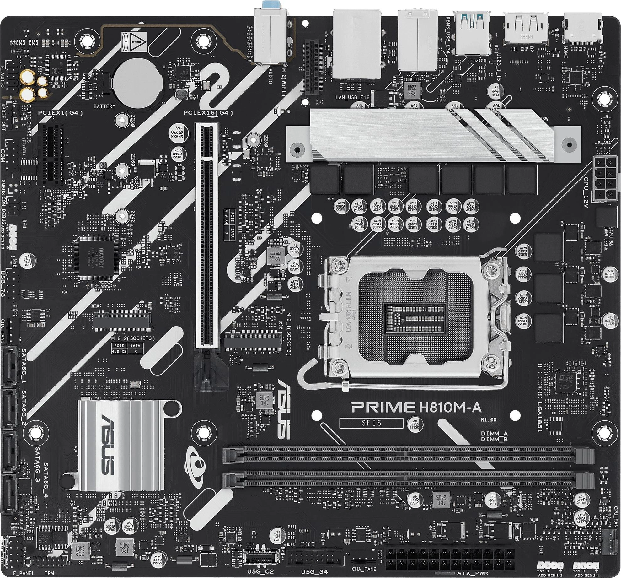 Материнская плата ASUS PRIME H810M-A-CSM, LGA1851, B810, 2*DDR5, 4*SATA, 2*M.2, 2*USB 3.2, 4*USB 2.0, 1*PCIx16, 1*PCIx1, HDMI+DP, mATX; 90MB1KK0-M0EAYC