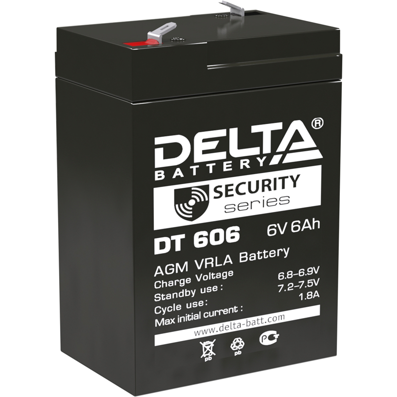 Батарея DELTA серия DT, DT 606, напряжение 6В, емкость 6Ач (разряд 20 часов), макс. ток разряда (5 сек.) 90А, макс. ток заряда 1.8А, свинцово-кислотная типа AGM, клеммы F1, ДxШxВ 70х48х101мм., вес 0.81кг., срок службы 5 лет./ Battery DELTA series DT, DT