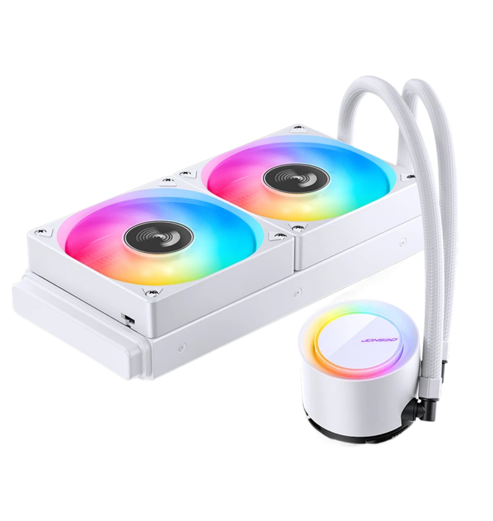 Система жидкостного охлаждения/ Water Cooling System JONSBO TG-240 White (260W, 240mm, White, ARGB/ Fans: 2x120mm, 66.19CFM, 35.4dBA, 1800RPM/ Pump height 72mm, 30dBA, 2400RPM, Rad thickness 27mm/ S: 1700, 1200, 115X, AM5, AM4)