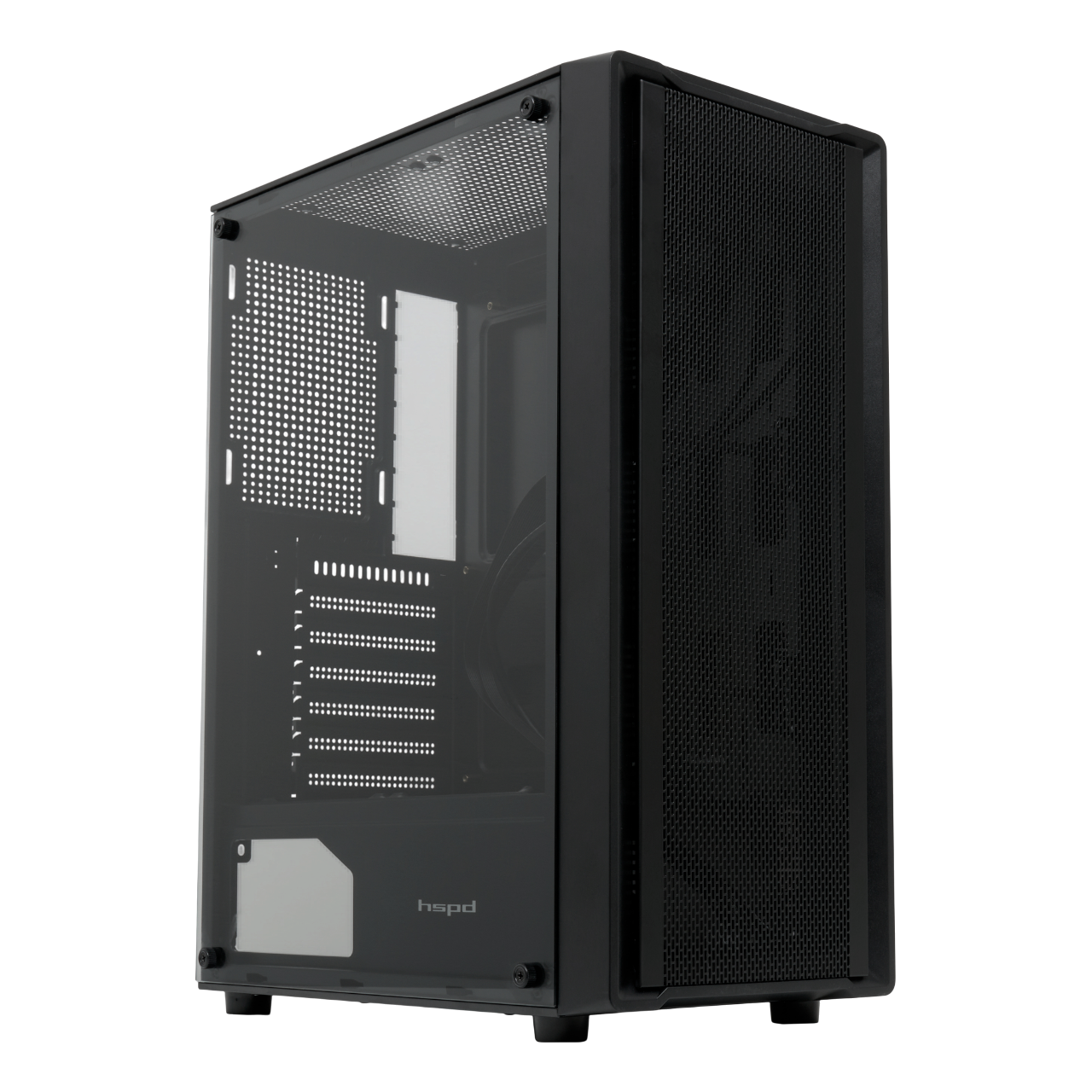 Корпус без блока питания/ Case HSPD M530, Mesh Mid Tower, Black, TG, 0.4 SPCC, no fans ATX, mATX, mITX 155/290/200mm 2x2.5", 2x3.5", 7xPCI 1xUSB-A 3.0, 2xUSB-A 1.0 335x193x445mm (M530-TGBK)