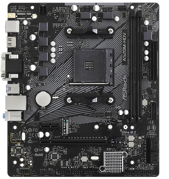 ASROCK A520M-HDV, AM4, A520, 2*DDR4, D-Sub+DVI-D+HDMI, 4xSATA3 6.0 (RAID), M.2 Socket, 4xUSB 3.2, 2xUSB 2.0, mATX; 90-MXBE50-A0UAYZ