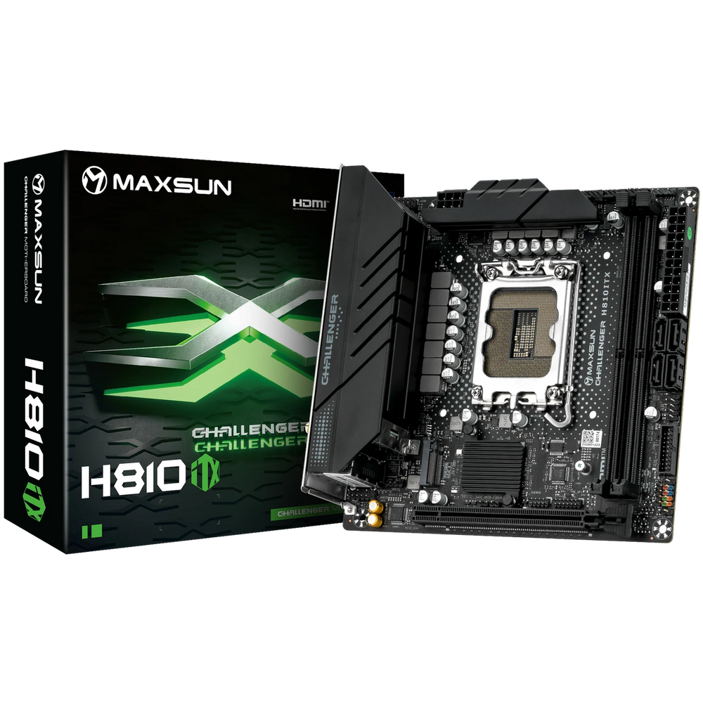 Материнская плата Maxsun MS-Challenger H810ITX WIFI B860, LGA1851, 2*DDR5, 1*PCIEx16, 2*M.2, 4*USB3.2Gen2, 4*USB3.2Gen1, 4*USB2.0, 4*SATA3.0, 1G, DP, HDMI, Mini-ITX, RTL (6940709661475)